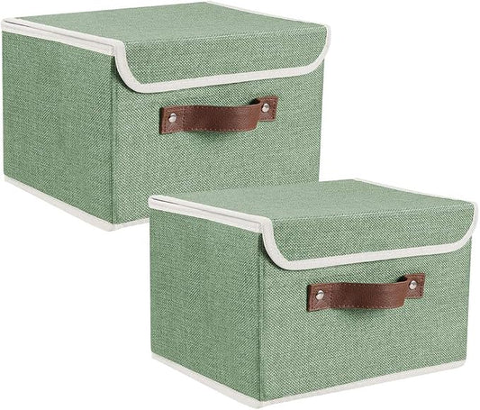 2Pack Storage Bins Boxes with Lids 15"x10"x10" Decorative Storage Baskets | Cotton Linen Fabric, Collapsible, Faux Leather Handles, Storage Cubes, Closet Shelf Clothes Organizer Container, Green