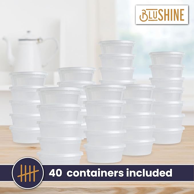 BluShine Deli Containers with Lids, Plastic Food Storage Containers | 8 oz, 40 sets Small Plastic Deli Food Storage Containers with Airtight Leak Proof Lids, Reusable, Microwave and Freezer Safe