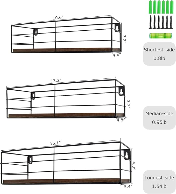 CRUGLA Floating Shelves Wall Mounted Set of 3, Hanging Storage Wall Shelf for Bathroom, Living Room, Bedroom, Kitchen Home
