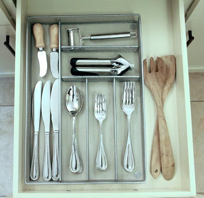 Mesh Large Cutlery Tray with Foam Feet - 6 Compartments - Kitchen Organization/Silverware Storage Utensil Flatware Tray
