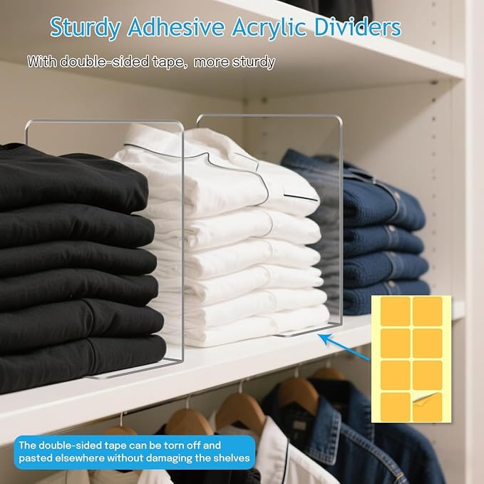 OKPOW Shelf Dividers Closet Organizer - 7.5" Tall X 11.8" Deep Acrylic Clear Sturdy Separate for Clothes Purse - Adjustable Space Saver Easy Install for Home Organization Enthusiasts 4 Pack