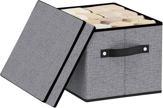 Fabric Storage Bin with Lid, 10.2×7.8×6.7 Inch Foldable Storage Box for Shelves with Handles, Decorative Linen Closet Organizer, Gray, 1-Pack