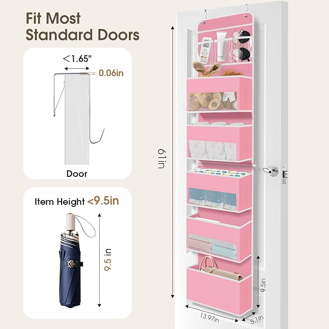 SpaceHacks 6-Tier Over The Door Organizer Hanging Storage Organizers with Clear Window 40lb Large Capacity Room Organizer for Pantry Bathroom Nursery Closet(Pink)