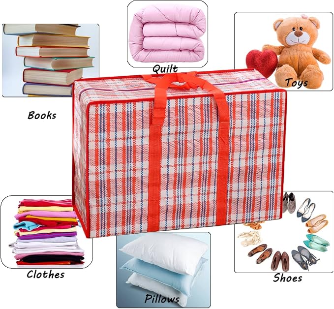 Heavy Duty Extra Large Moving Bags, 168L Oversize Organizer Storage Bags With Durable Zippers for Clothes Comforter Pillow, Waterproof Totes for Carrying Camping Bedding (Set of 4) - Red Checkered