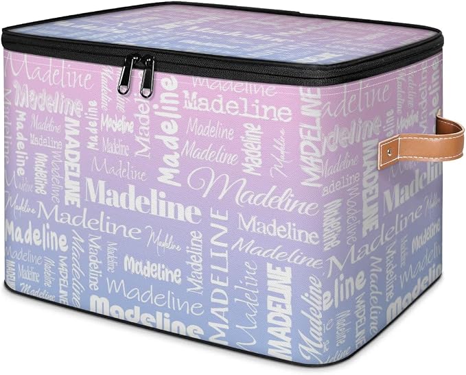 Custom Storage Basket with Name, Personalized Keepsake Box with Zipper Lid, Foldable Fabric Memory Bin Large capacity with Handle Pink Purple