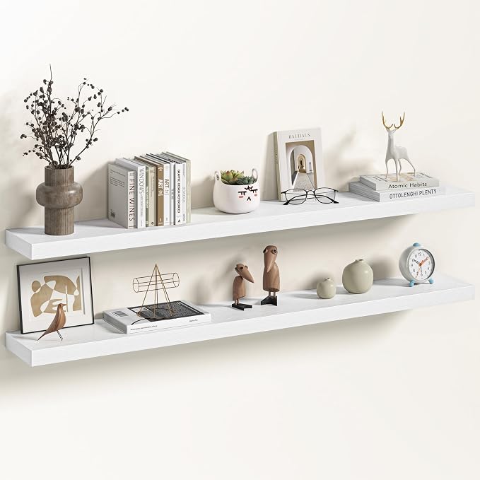 Vivelove 48 Inch Floating Shelves Wall Mounted for Display, 6.5 Deep Duty Shelves with Invisible Brackets for Living Room,Bedroom,Kitchen, Bathroom Storage & Decor,48" Wx6.5 Dx1.4 H - White
