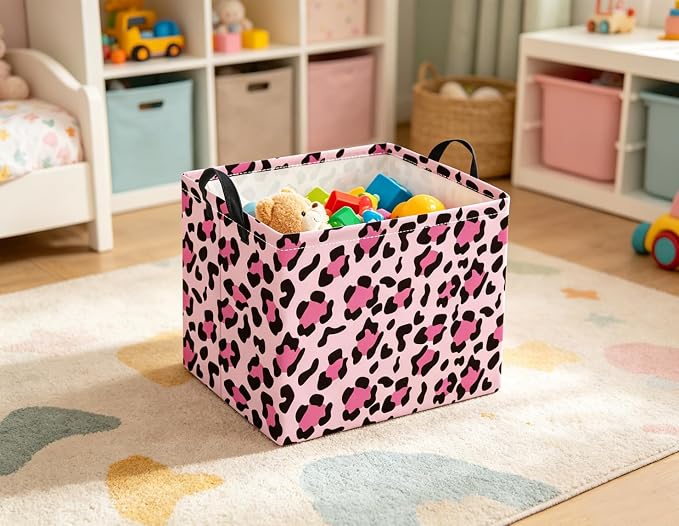 Rectangular Baby Kids Storage Basket for Home Kitchen Girls Cute Toy Storage Bin Organizer Shelf Book Room Decor(Pink Leopard)