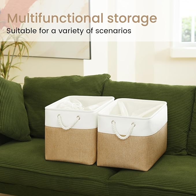 Large Storage Baskets- 16x12x12 inch Storage Bins for Shelves and Closet Organizing, Foldable Fabric Bin for Home Organization Clothes and Laundry (1-Pack, White&Khaki)
