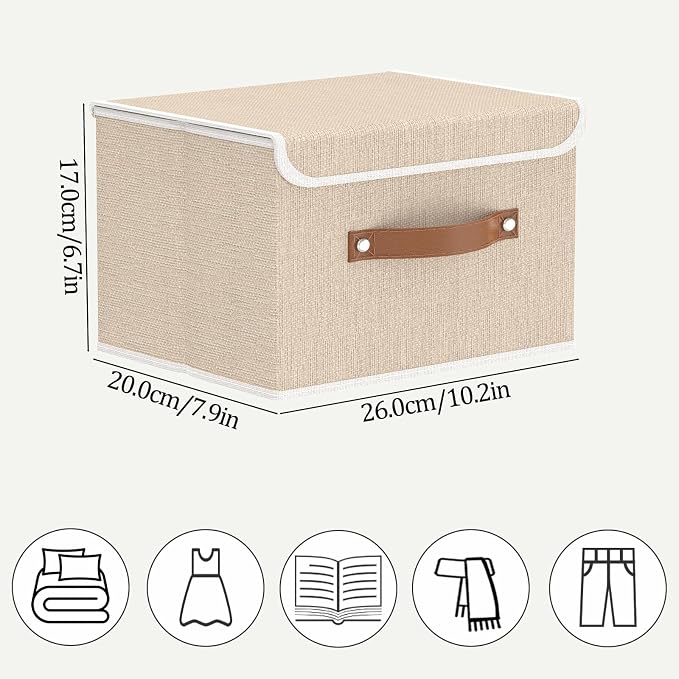 OUTBROS Storage Boxes, Bins with Lids, Beige, 3 Pack 10.2x7.9x6.7in | Cotton and linen cloth Storage Baskets with Handle, for Books, Closet, Bedroom, Home