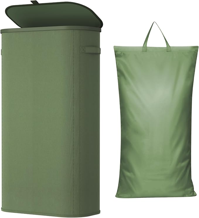 Lifewit Slim Laundry Basket with Lid, Narrow Large Laundry Hamper with Plastic Handles and Removable Bag, Tall Foldable Dirty Clothes Hampers for Laundry Room, Bedroom, Bathroom, Dorm, 75L Green