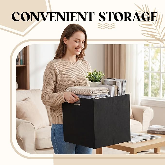 Cinnvoice 3 Pack Fabric Storage Bins for Closet Shelves, 13 x 13 x 13 Inch Black Rectangle Wardrobe Organizer with Handle, Collapsible Shelves Storage Basket for Sorting Clothes and Toy