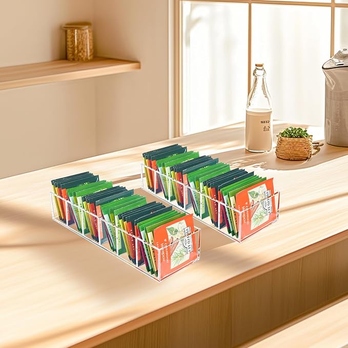 Acrylic Tea Bag Organizer Clear Teabag Holder Tea Storage Box 2 Pack | Tea Bag Organizer Holder with 6 Slot, Small Tea Packet Storage for Countertop, Drawer, Kitchen, Pantry, Shelf, Cabinet