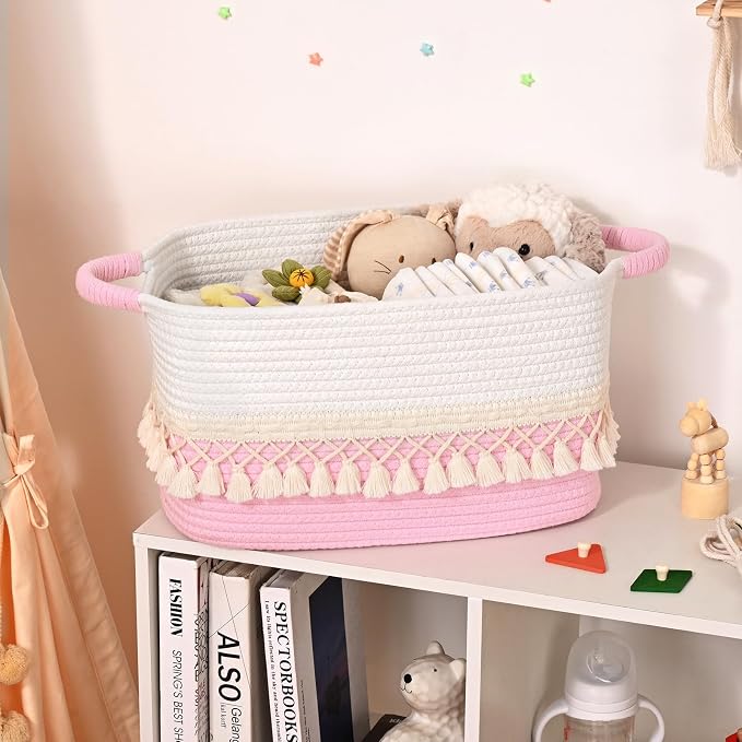 2 Pack Storage Basket for Shelves, Boho Cotton Rope Storage Bins with Heavy Tassel, Shelf Baskets Large Woven Baskets for Organizing, Cube Organizer Bins, Baby Laundry Basket for Clothes, Toys, Pets