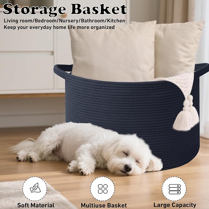 65L Large Blanket Basket,Woven Rope Laundry Basket Hamper with Handles,Decorative Nursery Basket Storage Bin for Toys, Pillows , Clothes Organizer, Living Room, Bedroom, Bathroom, Dark Blue