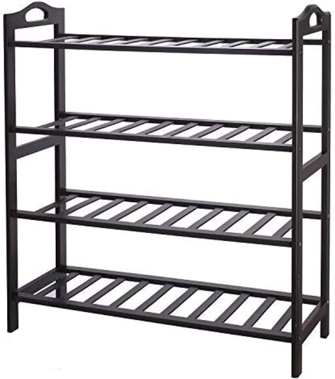 Bamboo Shoe Rack, 4-tier Shoe Shelf with Handle, Open Storage Shelf Organizer, Flower Stand for Entryway, Bathroom, Kitchen, Balcony and Garage, Dark Brown