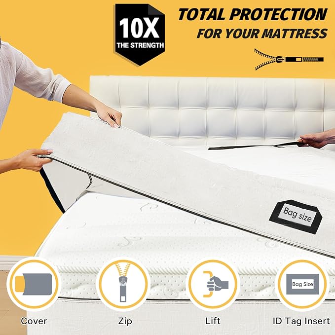Mattress Bags for Moving and Storage, BETU Queen Mattress Protector Waterproof Mattress Cover with 8 Heavy Duty Handles and Zipper Extra Thick Moving Supplies for Bed Reusable (82x62x13.5 White)
