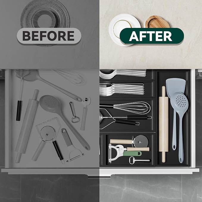 Lixple Bamboo Drawer Organizer, Cutlery Silverware Organizer for Kitchen Drawer, Stackable Utensil Organizer, 2 Pcs Flatware Organizer, Wooden Storage Box Tray (Black, 9 X 6 X 2 Inch)