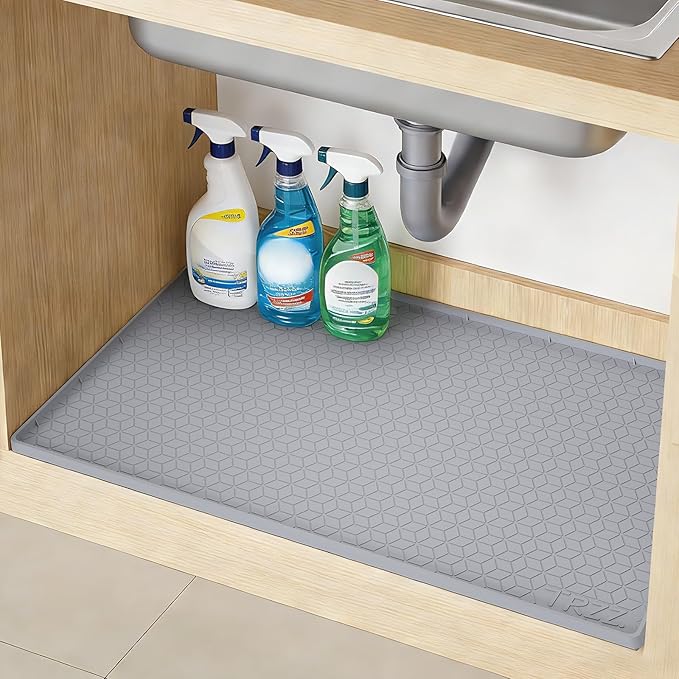 TRZZ Silicone Waterproof Under Sink Mat 28" x 19", Drip Tray and Cabinet Liner for Kitchen and Bathroom, Prevents Water Damage and Organizes Cabinets (Grey)