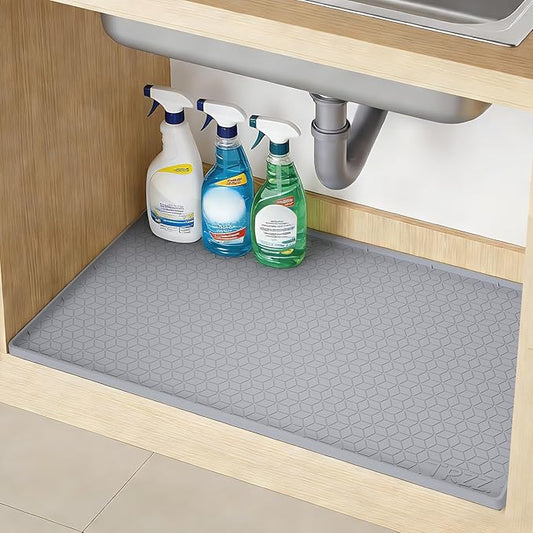 TRZZ Silicone Waterproof Under Sink Mat 28" x 19", Drip Tray and Cabinet Liner for Kitchen and Bathroom, Prevents Water Damage and Organizes Cabinets (Grey)