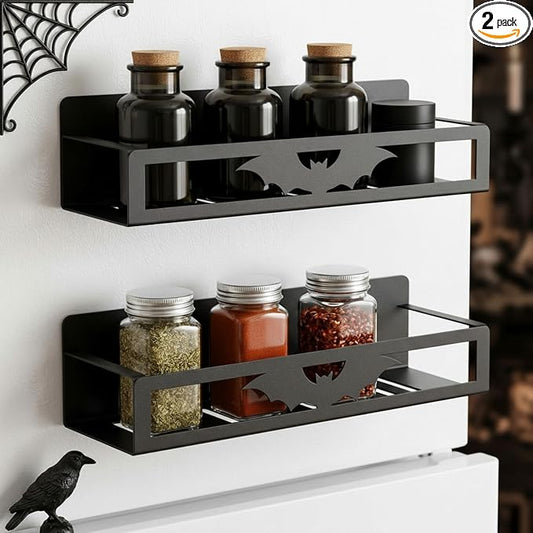 Beeveer 2 Pack Big Bat Magnetic Spice Rack for Refrigerator Metal Magnet Basket Shelf for Fridge Seasoning Storage Organizers Home Decor Kitchen Accessories(Black)