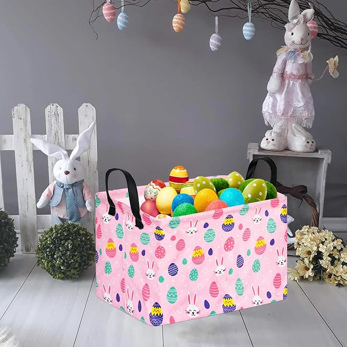 Rectangular Easter Basket Storage Bin for Shelves Cute Gifts Baskets Foldable Box with Handles for Boy and Girl Home Office Car Dormroom Easter Party Supplies
