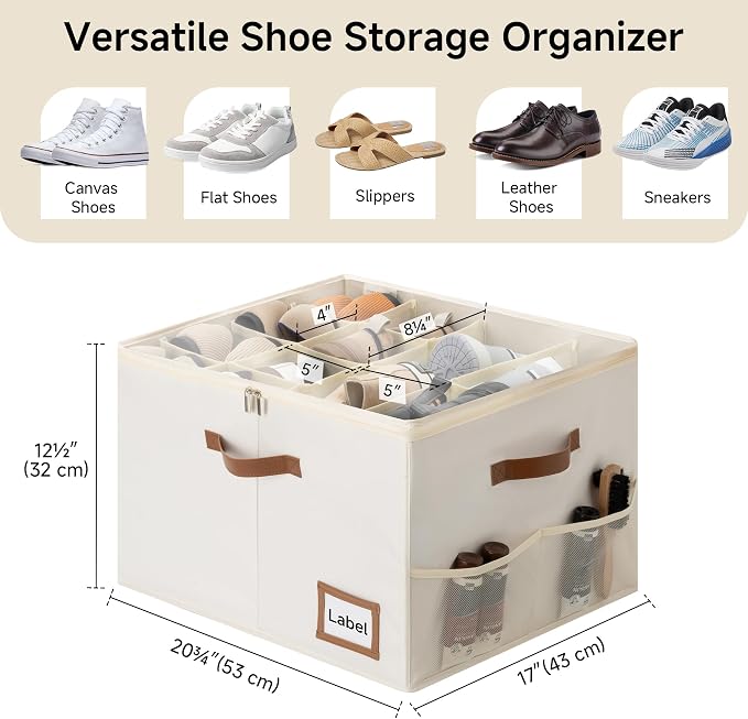 StorageWorks Shoe Organizer for Closet, 2 Pack Shoe Storage Boxes with Clear Lid, Stackable Shoe Storage Organizer for Sandals and Slippers, Fabric Shoe Bins for Closet, Holds 16–32 Pairs, Beige