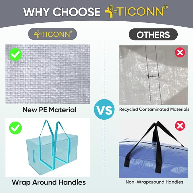 TICONN 6 Pack Extra Large Moving Bags Heavy Duty with Zippers & Carrying Handles, Durable Storage Bags Moving Boxes for Closet Organizers and Storage (6 Pack, Aqua)