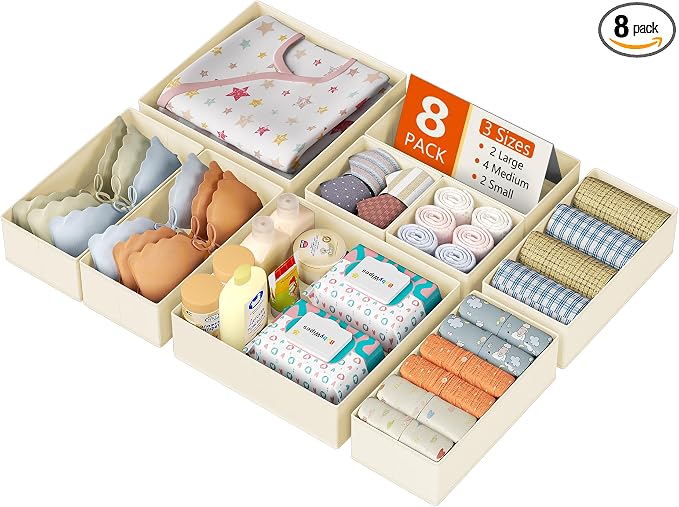 DIMJ Drawer Organizer Clothes, 8 Pack Dresser Organizer, Foldable Closet Organizers and Storage, Fabric Dresser Bins, Drawer Dividers for Nursery, Baby Clothes, Underwears, Sock (Beige)