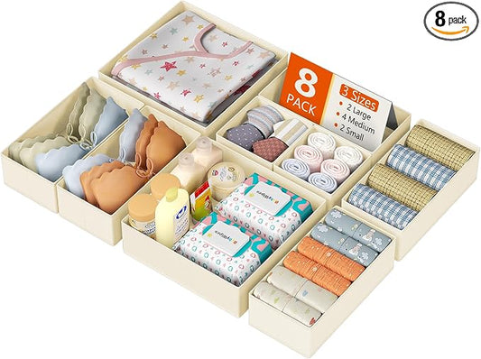 DIMJ Drawer Organizer Clothes, 8 Pack Dresser Organizer, Foldable Closet Organizers and Storage, Fabric Dresser Bins, Drawer Dividers for Nursery, Baby Clothes, Underwears, Sock (Beige)