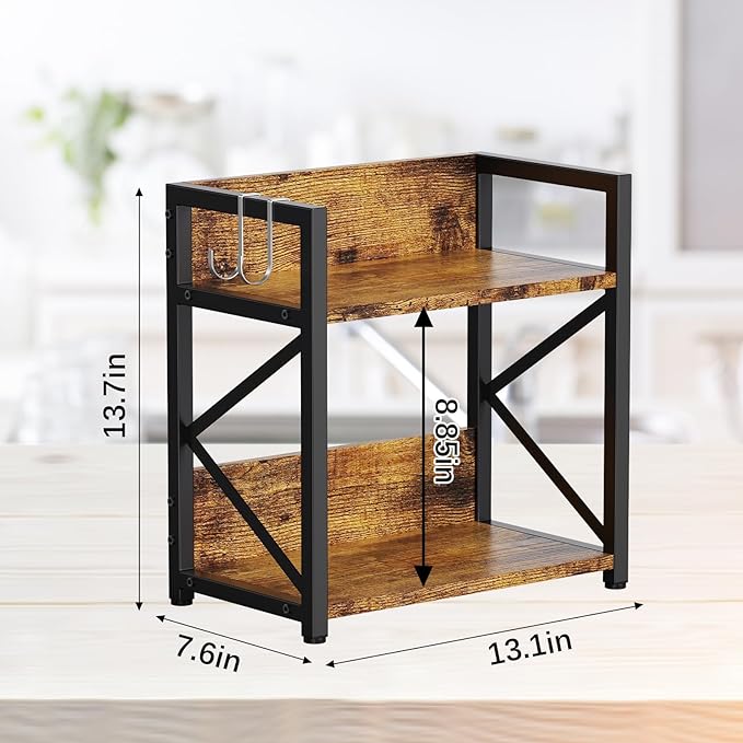 RUILALIFE 2 Tier Kitchen Counter Shelf Organizer, Coffee Bar Station Organizer for Countertop，Space Saving Spice Rack, Desk Shelf Riser, Coffee Bar Accessories(Rustic Brown, Medium)
