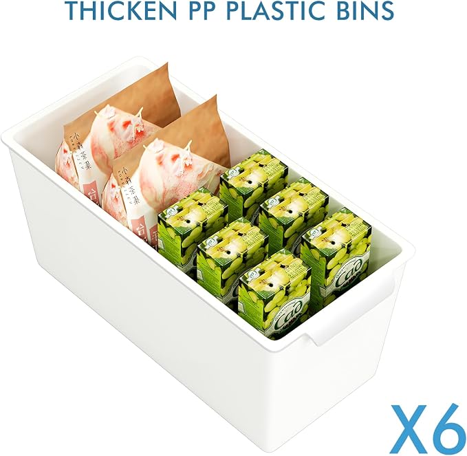 Plastic Storage Bins 6 Pack, Front Handle Design, 11"x5" Pantry Organization and Storage Open Top Baskets for Shelves Closet Cabinet Sink Counter Cupboard Drawer Rridge (White)