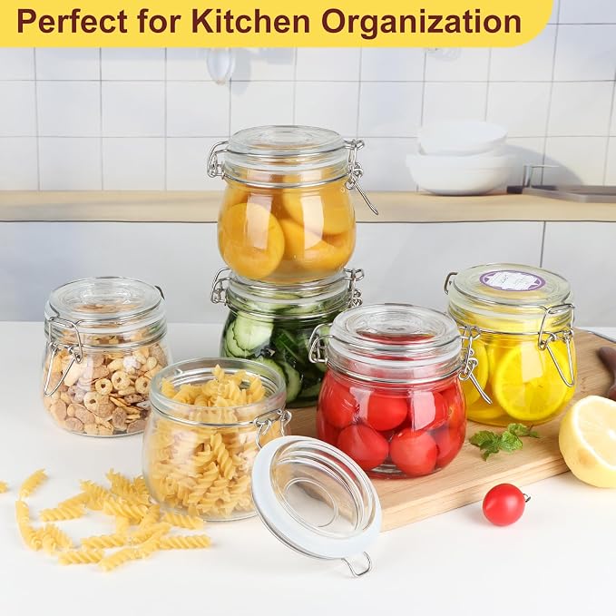HINGWAH 16 oz Glass Jars with Airtight Lids, 6 Pack Wide Mouth Mason Jars with Clamp Lids for Kitchen Canisters, Food Storage Containers for Pickling, Coffee, Spices, Sugar, Herbs