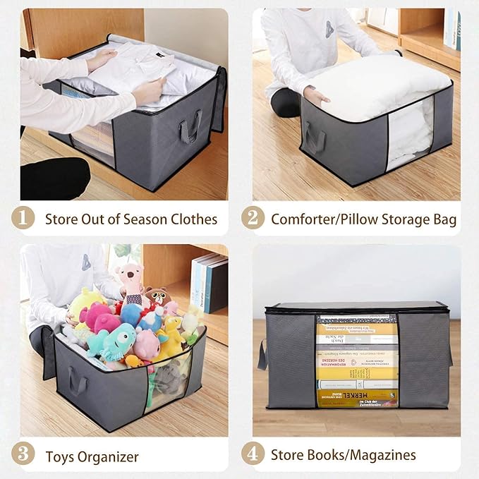 WiseLife Clothes Storage Bags 100L [3 Pack ], Large Capacity Blanket Storage Containers Organizers for Comforters,Bedding,Clothing,Foldable 3 Layer Fabric,Sturdy Zippers,Clear Window,Grey