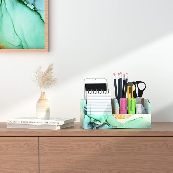 PU Leather Supply Organizer,Remote Control Holder Multifunctional Office Stationery Storage Box Organizer,Pencil Holders Organizers Table Top Desktop Desk Accessories(1-Splash Ink)
