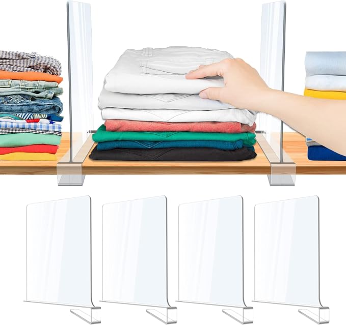 Acrylic Shelf Dividers, Clear Shelf Divider for Closet Organization, Closet Shelf Separators for Sweater/Handbag, Wood Shelves Organizers in Bedroom, Kitchen, Office, Cabinets, Bathroom Storage (4PCS)