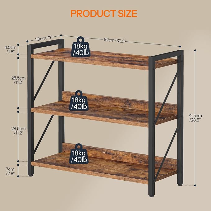 HOOBRO Bookshelf, 3-Tier Industrial Bookcase, Book Shelf Storage Organizer, Bookshelf with Metal Frame for Living Room, Bedroom, Home Office, Kitchen, Rustic Brown and Black BF718SJ01
