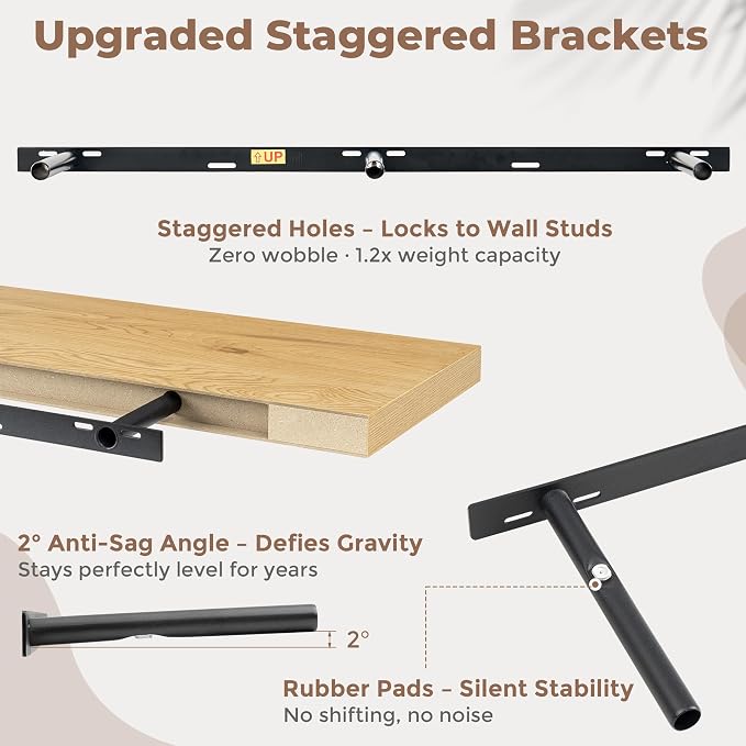 FLYJOE 48 Inch Floating Shelves for Wall Set of 2, 6.5" D Wood Grain Bathroom Shelves with Invisible Brackets, Easy Install Engineered Wood Storage Shelves for Kitchen, Living Room, Bedroom