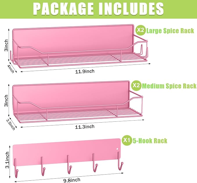 Magnetic Spice Rack for Refrigerator, 5 Pack Metal Strong Magnet Spice Organizer Shelves with Hook Rack, Space Saving Magnetic Fridge Shelf for Home Kitchen Organization and Storage (Pink)
