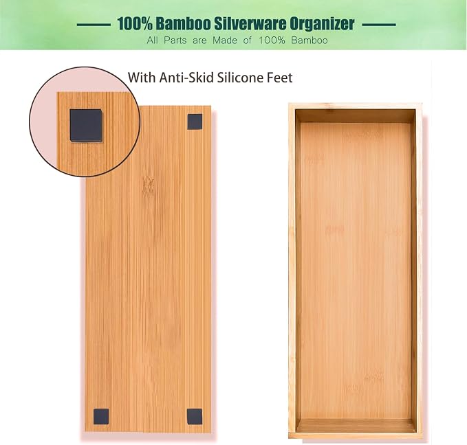 guiogc Bamboo Drawer Organizer, Utensil Organizer for Kitchen, Bamboo Storage Box Wood Silverware Tray for Drawer Set of 2