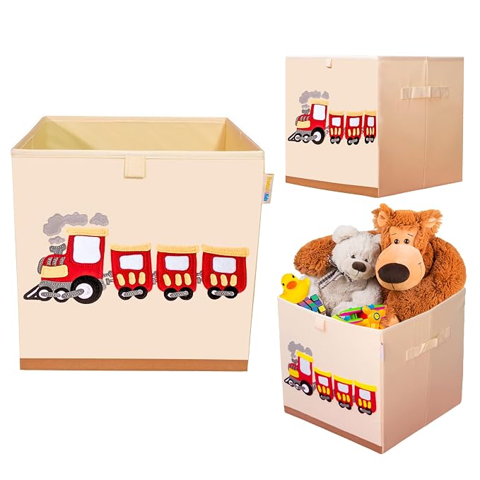 Washable Toy Box Storage Cube, Canvas Toy Chest Organizer Foldable Kids Toy Storage Organizers for Child's Bedroom or Playroom -13x13x13 Inch (Train)