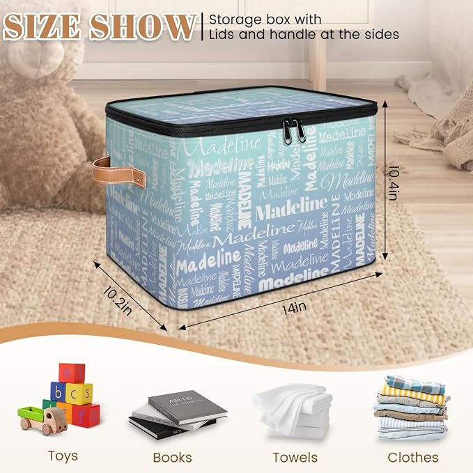 Custom Storage Basket with Name, Personalized Keepsake Box with Zipper Lid, Foldable Fabric Memory Bin Large capacity with Handle Green Blue Gradient