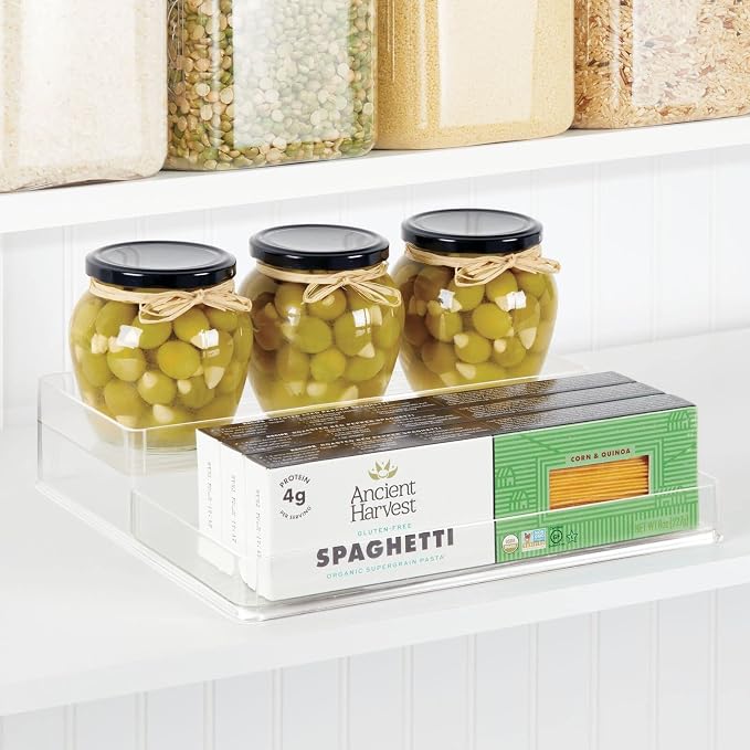 mDesign Plastic Kitchen Food Storage Organizer Shelves, Spice Rack Holder for Cabinet, Cupboard, Countertop, Pantry - Holds Jars, Baking Supplies, Canned Food - 2 Levels - Clear
