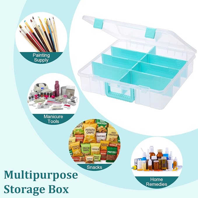 BTSKY Clear Plastic Dividing Storage Box with 8 Compartments Adjustable Storage Bin with Lid Portable Craft Storage Container Multipurpose Sewing Box Art Supply Organizer, 15.1x13.9x3.5 Inches