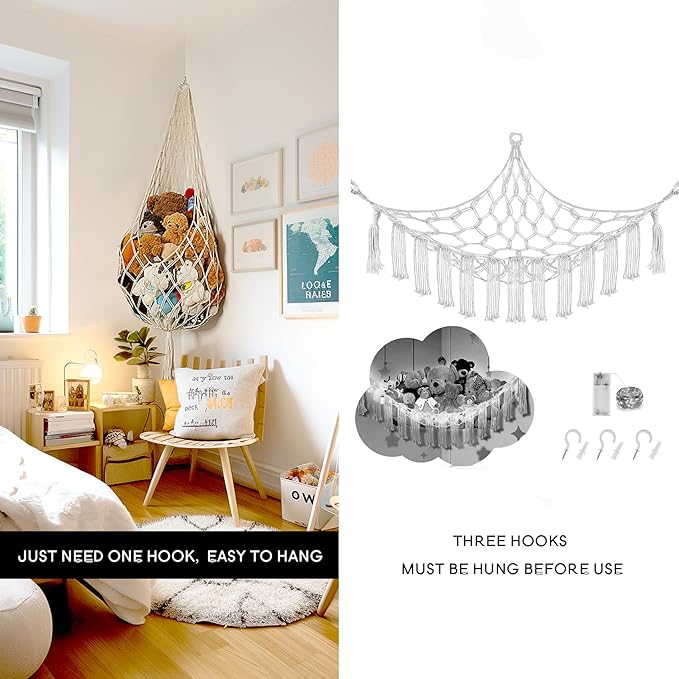 Amdermi Stuffed Animal Hammock Corner, Boho Macrame Plush Toy Storage Net for Wall, Hanging Stuffed Animal Holder for Nursery, Playroom, Kids Room, Cream