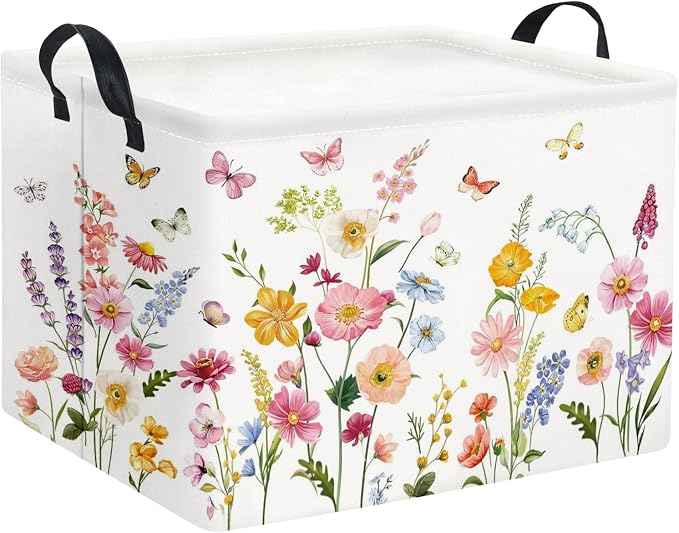 Rectangular Baby Girls Basket Kids Baby Storage Basket Cute Storage Bin Organizer Shelf Book Flower Room Decor(Butterfly Flower)