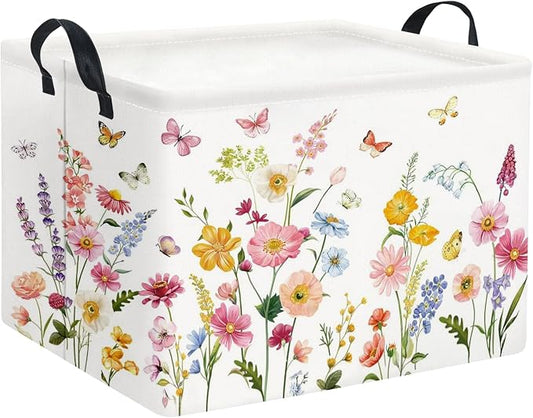 Rectangular Baby Girls Basket Kids Baby Storage Basket Cute Storage Bin Organizer Shelf Book Flower Room Decor(Butterfly Flower)