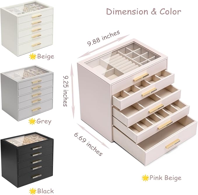 VLANDO 5-Drawer Jewelry Box with Glass Lid, Faux Leather Organizer for Rings Earrings Necklaces and More, Gift-Ready Jewelry Case for Women Girls or Moms, Beige