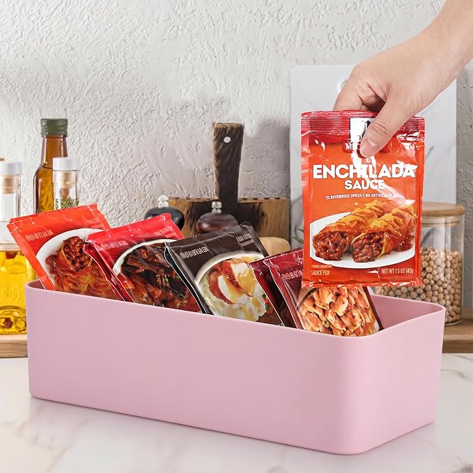 BSTKEY Seasoning Packet Organizer, Food Storage Organizer with Divided 4 Bamboo Wood Compartments, Pink Plastic Storage Caddy for Pantry Cabinet, Kitchen Organization Bin for Snacks Spice Packet