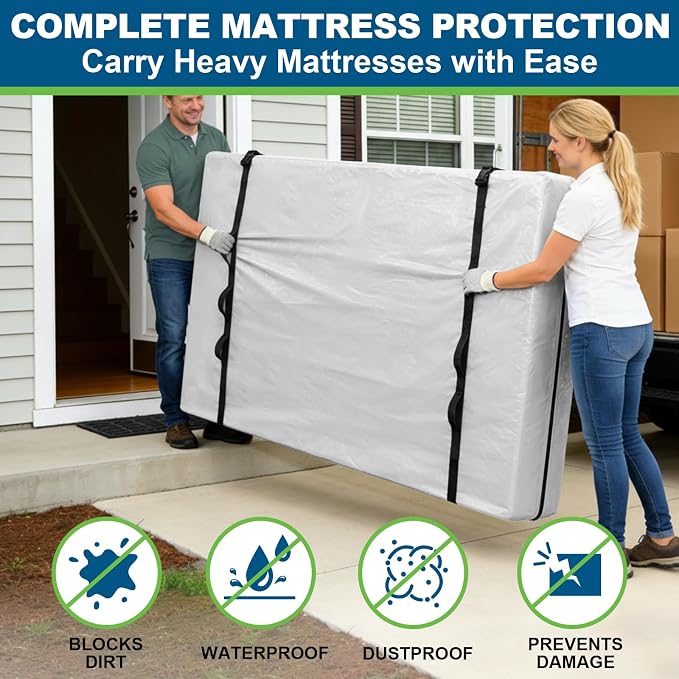 TICONN Mattress Bags for Moving, Heavy Duty Queen Mattress Cover Storage Bag with Full-Around Handle and Adjustable Buckles (Clear, Queen)