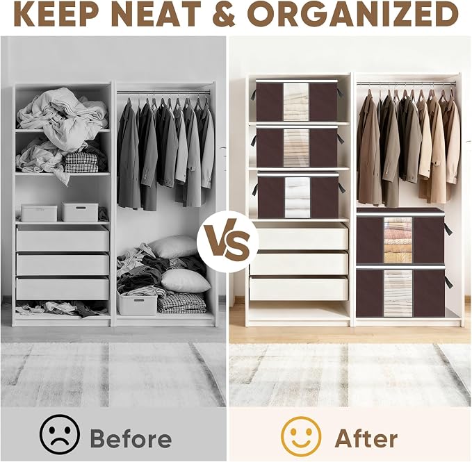 BALEINE 2 Pack Clothes Storage Bags, 24 Gallon Storage Containers with Reinforced Handle, Sturdy Zipper, Closet Organizer for Blanket, Comforter, Pillow, Bedding (Brown, 2 Pack)